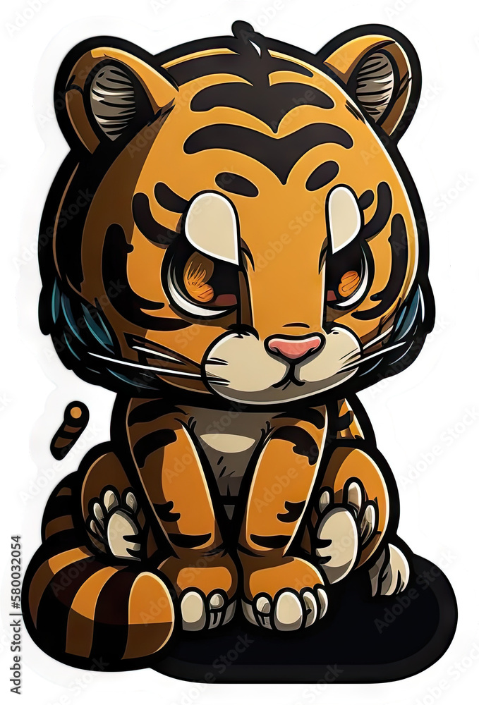Isolated cute tiger sticker - happy animal - generative AI Isolated cute tiger sticker - happy animal - generative AI