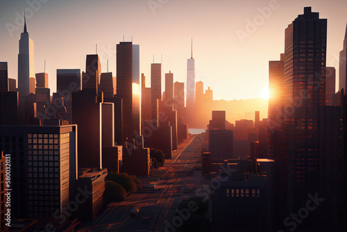 Modern city skyline during morning golden hour.