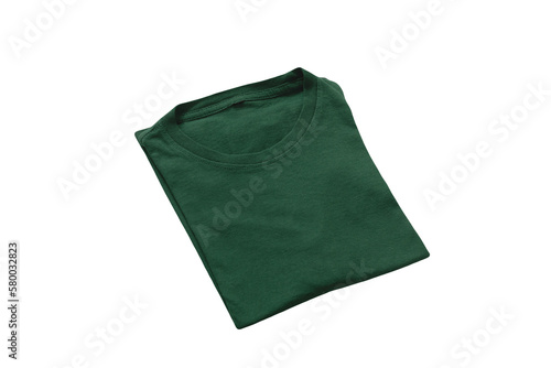 Blank folded dark green t-shirt template on PNG, transparent background