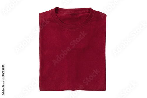 Blank folded dark red t-shirt template on PNG, transparent background