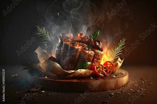 Grilled beef steak with spices and vegetables on a dark background. A closeup shot of a piece of meat with spices and herbs. Delicious dish. Generative AI technology.