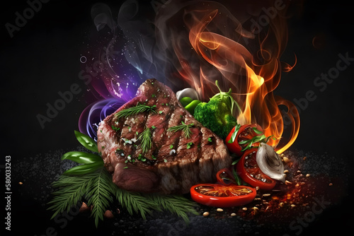 Grilled beef steak with spices and vegetables on fire background, top view. A closeup shot of a piece of meat with spices and herbs. Delicious dish. Generative AI technology.