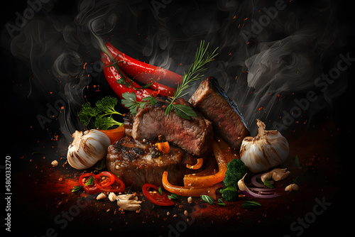 Fototapeta Naklejka Na Ścianę i Meble -  Grilled beef steak with spices and vegetables on a dark background. A closeup shot of a piece of meat with spices and herbs. Delicious dish. Generative AI technology.