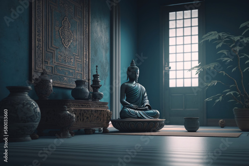 Meditation space  Blue interior with Buddha and other meditation equipment in a calm atmosphere   Generative AI Production