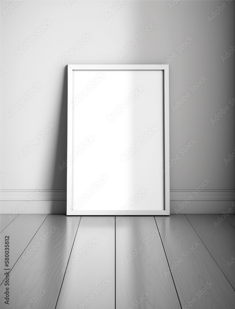Frame mockup for photo, print, painting, artwork and presentation standing on the wooden floor. Generative AI Frame mockup for photo, print, painting, artwork and presentation standing on the wooden floor. Generative AI