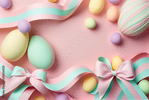 easter eggs background , pastel color decorated eggs. generative ai