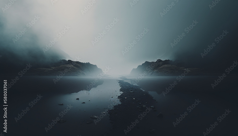Panoramic view of landscape lake in mist, fog cinematic effect