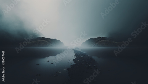 Panoramic view of landscape lake in mist, fog cinematic effect