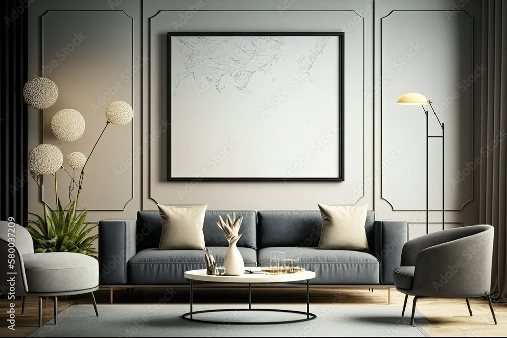 Mockup poster frame on the wall of living room. Luxurious apartment background with contemporary design. Modern interior design. 3D render, 3D illustration Mockup poster frame on the wall of living room. Luxurious apartment background with contemporary design. Modern interior design. 3D render, 3D illustration