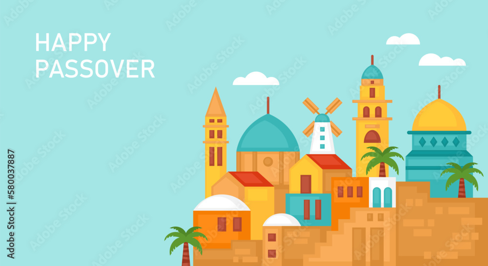 Happy Passover banner design with Jerusalem city skyline. Vector illustration