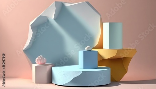 3D podium stone display on blue background. Blue rock  cosmetic beauty product promotion pedestal. Podium showcase. Abstract minimal studio render