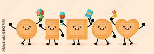 Passover holiday banner design with matzah funny cartoon characters.