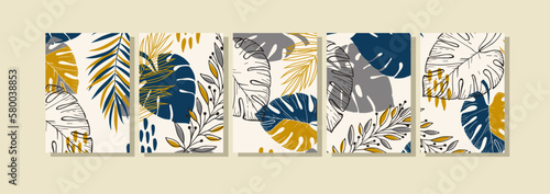 Scandinavian botanical wall art vector set. Boho foliage line art drawing with abstract shape.  Abstract Plant Art design for print, cover, wallpaper, natural wall art.