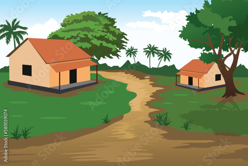 Indian villege house with nature backround. Asian village scene. Village farm house old Indian rural house, village house. Village house. A beautiful village with farmlands, trees in the background