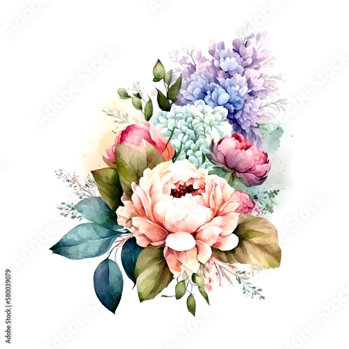 Watercolor floral bouquet spring flowers. Botanical illustration. Generative AI