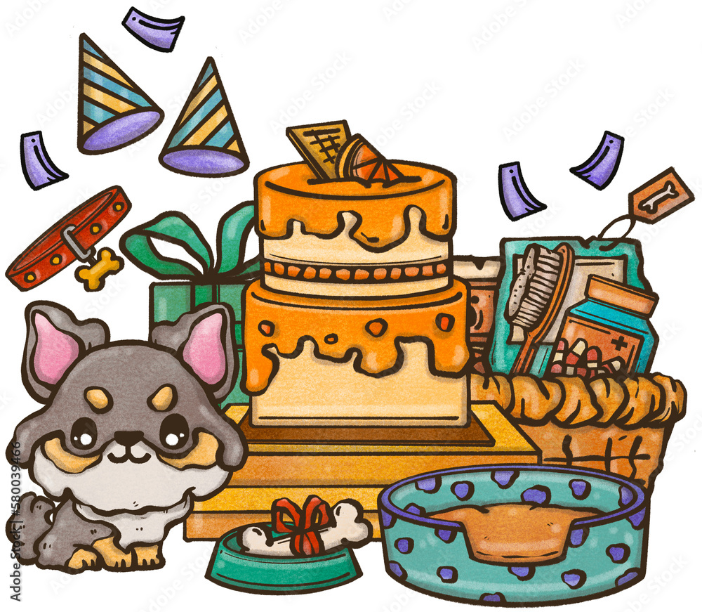 Pets birthday party. Drawing of pets Cartoon, happy at the birthday party, having fun, greeting card.