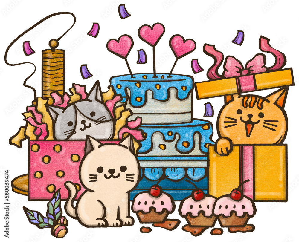 Pets birthday party. Drawing of pets Cartoon, happy at the birthday party, having fun, greeting card. Pets birthday party. Drawing of pets Cartoon, happy at the birthday party, having fun, greeting card.