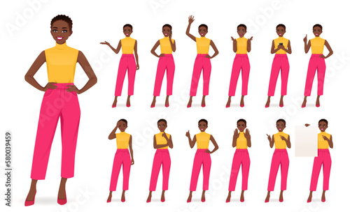 Young African American woman bright colors clothes set different gestures isolated vector illustration