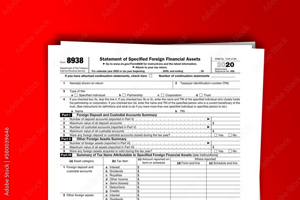 Fototapeta premium Form 8938 documentation published IRS USA 10.30.2020. American tax document on colored