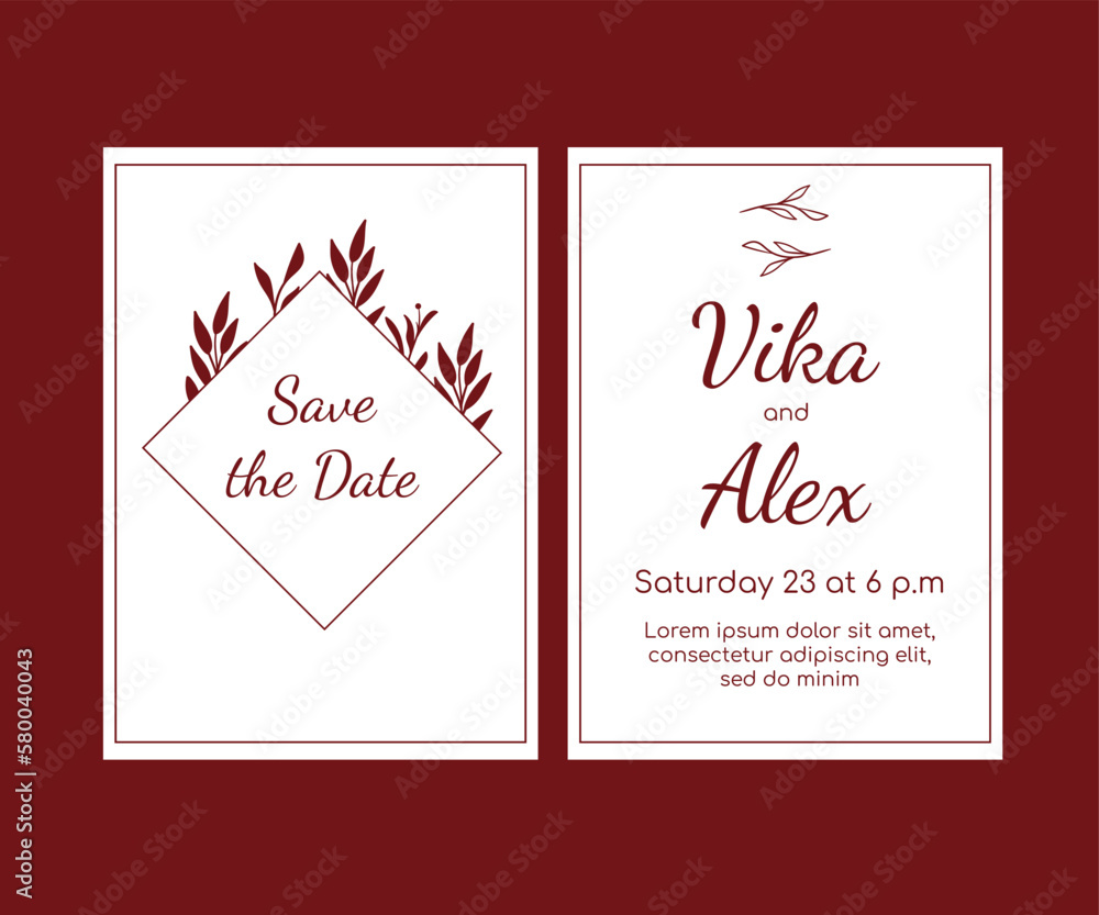 Save date wedding invitation card with floral, botanical illustrations Save date wedding invitation card with floral, botanical illustrations