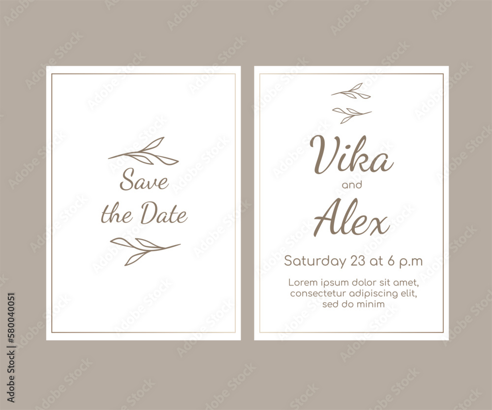 Save date boho wedding invitation card with floral, botanical illustrations
