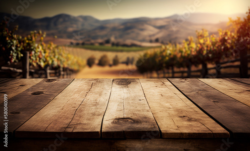 Wooden table for product display with wine yard, generative AI