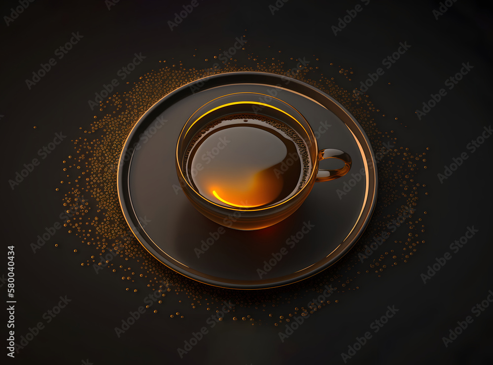 Top view 3d render of a gold coffee on a black background, a mug with hot black coffee, isolated design element