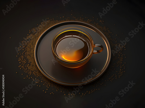 Top view 3d render of a gold coffee on a black background, a mug with hot black coffee, isolated design element