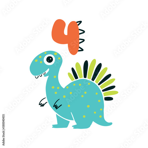 Dinosaur with number four. Color cute nursery card character illustration. Vector dino cartoon doodle isolated on white background. Perfect for celebrating a birthday  a month of age.