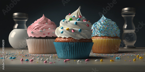 Colorful cupcakes displayed on kitchen counter, creating a bright and cheerful atmosphere. Perfect for food and baking related designs photo