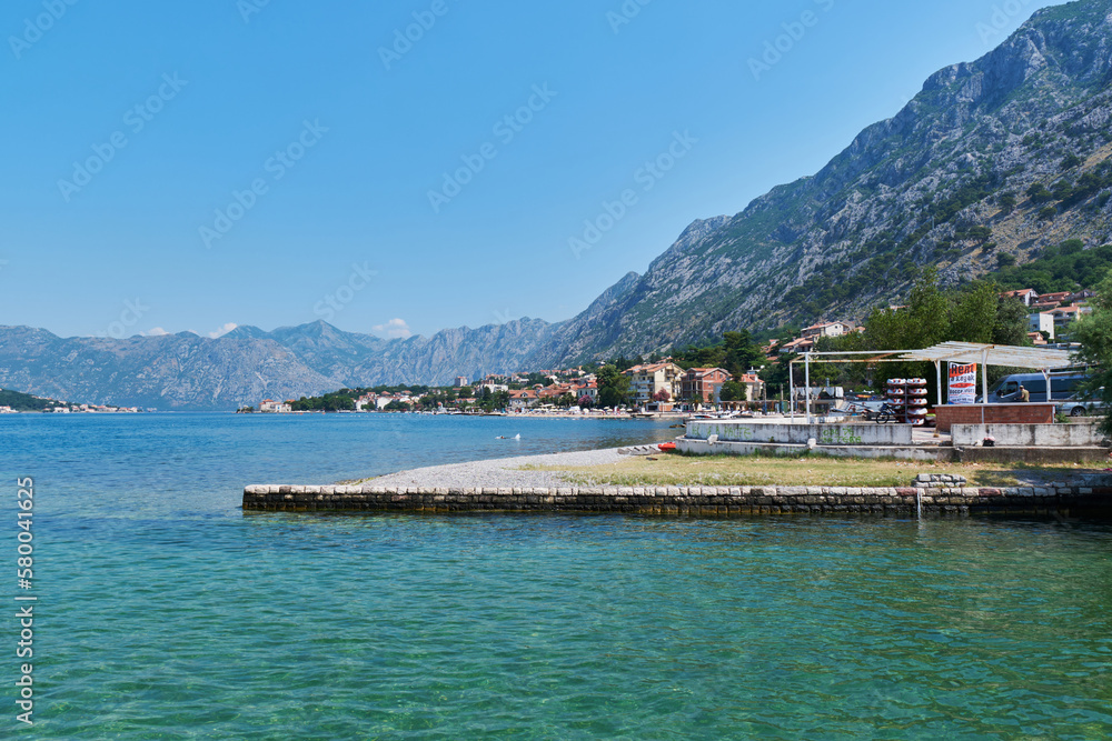 Picturesque panoramic view of the Bay of Kotor and the mountains around. Montenegro, Europe.