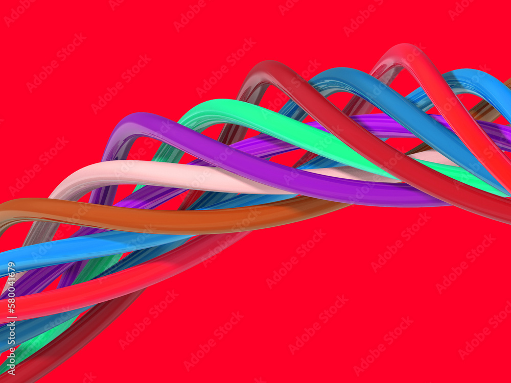 Abstract image. Elements of different colors form a spiral. Multicolored spiral. Horizontal image. 3D image. 3D rendering.