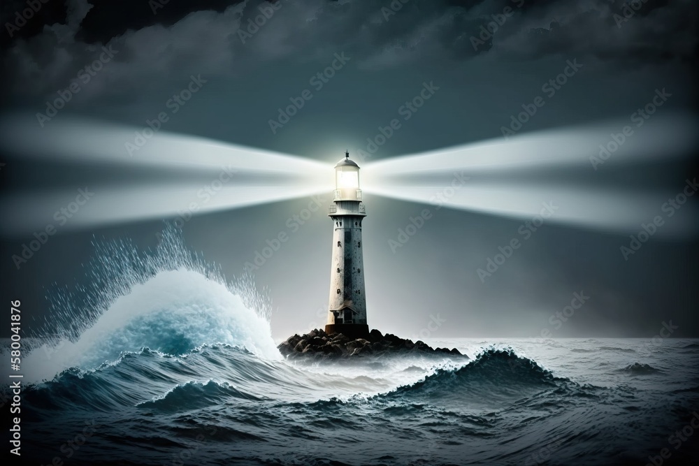 Leadership concept. Lighthouse in the stormy ocean at night leading the way