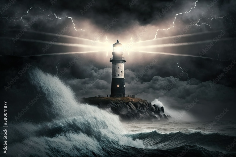 Lighthouse in the stormy ocean at night leading the way