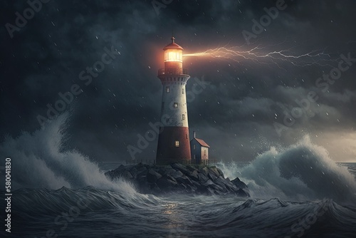 Leadership concept. Lighthouse in the stormy ocean at night leading the way