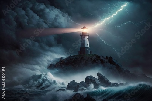 Lighthouse in the stormy ocean at night leading the way