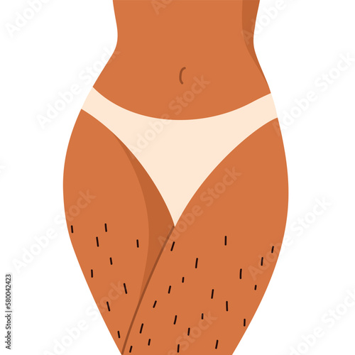Unshaved hairy female legs. Body positive, normalize female body hair, skin care. Vector illustration in cartoon style. Isolated white background.	
