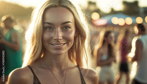 Beautiful happy female at an outdoors festival celebrating the spring breakin the summer sun