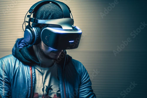 Junger Mann mit einem Virtual Reality Headset, generative KI photo