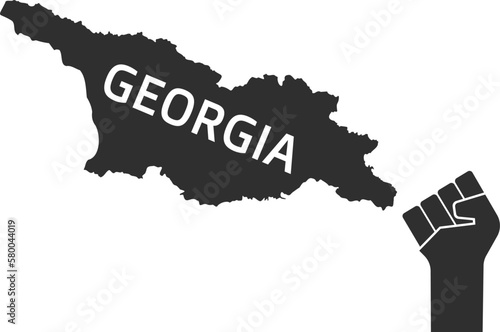 Georgia map and clenched fist icon. Protest against the authorities of over parliamentary support for new Foreign Influence Transparency Act. Fight for georgian people concept - vector illustration.