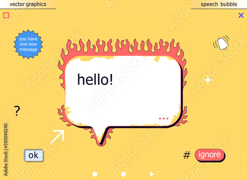 Creative speech bubble. Symbolizes various communication problems in social networks and the Internet. Cartoon message frame surrounded by burning flames.
