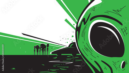 Cartoon alien and ufo spaceships with rays for abduction. Vector illustration
