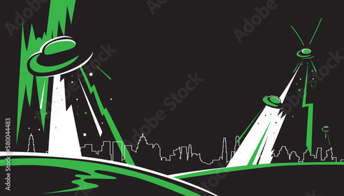 Cartoon alien and ufo spaceships with rays for abduction. Vector illustration