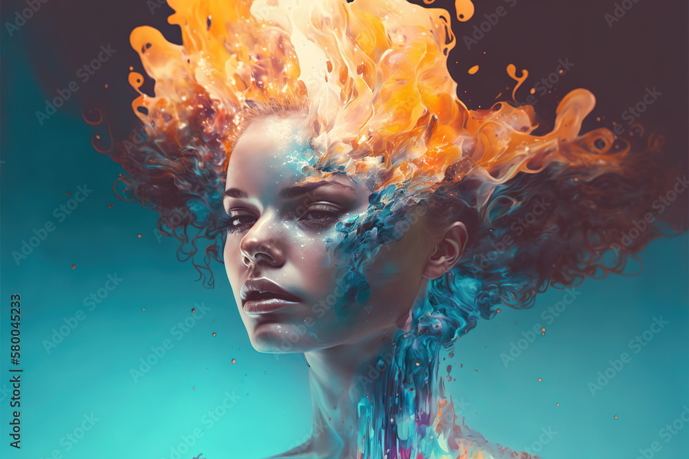 Wondrous illustration portrait woman with colorful iridescent exploding ...