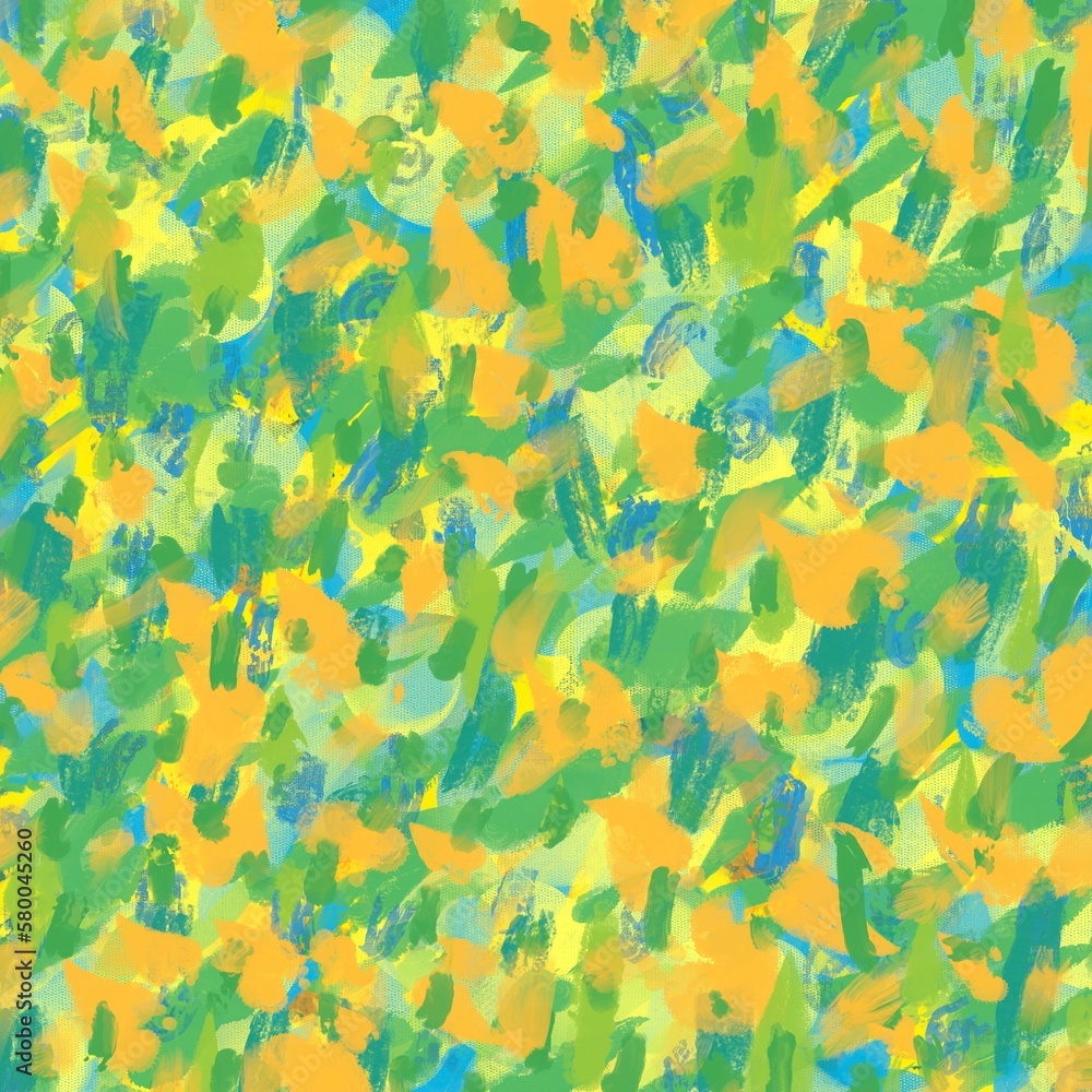 油絵抽象正方形アート背景）緑・オレンジ・黄色のカラフルでフレッシュな筆跡。元気でにぎやか