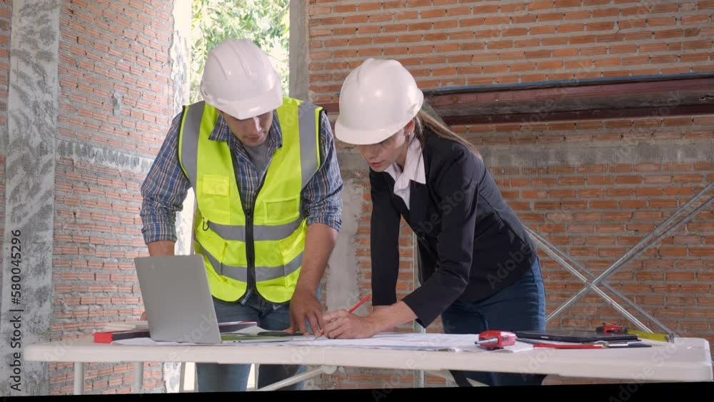 Team architect or engineer man and woman meeting for planning and strategy of development real estate at construction site, contractor and partner talking and looking blueprint, industrial concept. Team architect or engineer man and woman meeting for planning and strategy of development real estate at construction site, contractor and partner talking and looking blueprint, industrial concept.