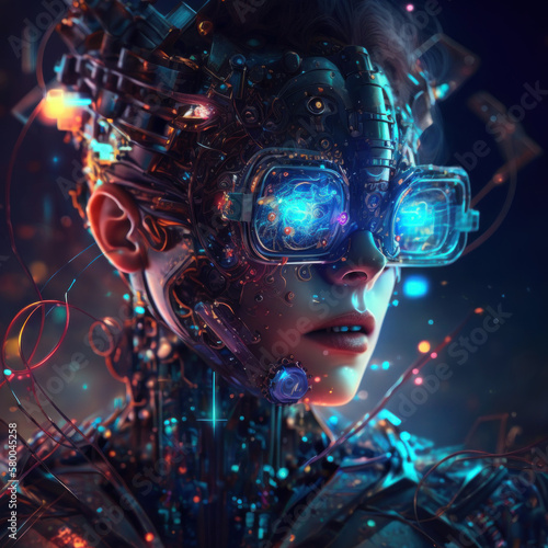 Futuristic genderfluid AI robot in VR glasses, Generative AI