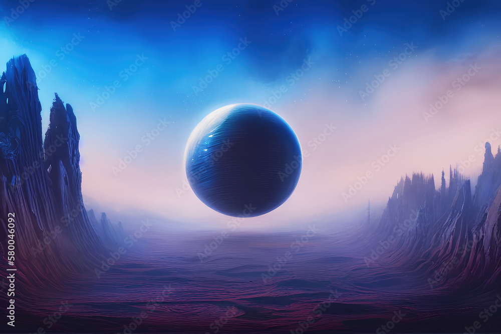 Landscape of an alien planet. Space wallpaper banner background. Created with generative Ai technology.