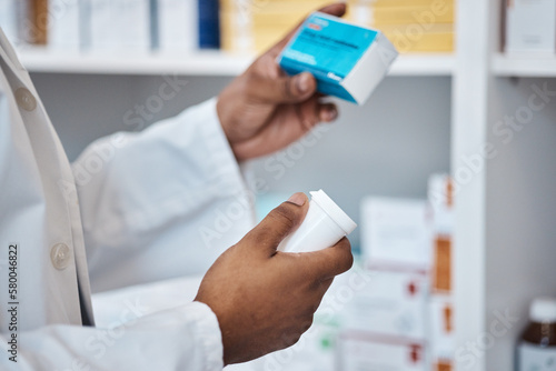 Pharmacy stock check, black man hands and supplements ingredients of medicine and pills. Pharmacist, work and pharmaceutical products in a retail shop or clinic with healthcare and wellness employee