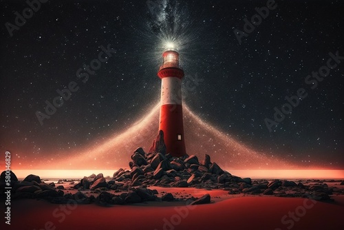 Cosmos explorations concept. Futuristic lighthouse on the Mars planet